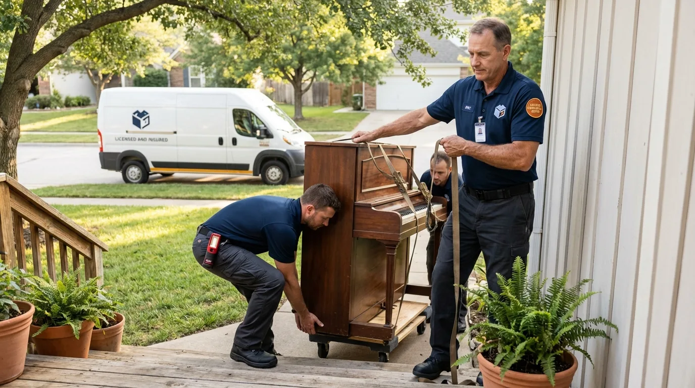 Licensed piano movers securing grand piano in Minerva, OH