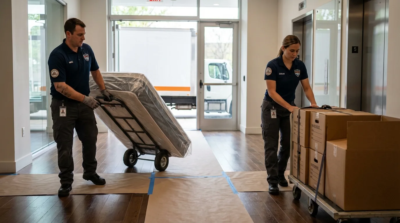 Professional apartment movers loading elevator in Minerva, OH