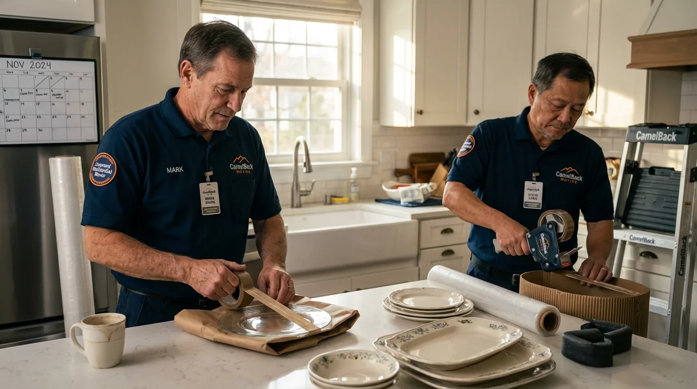 Professional crew packing kitchen dishware in Minerva, OH